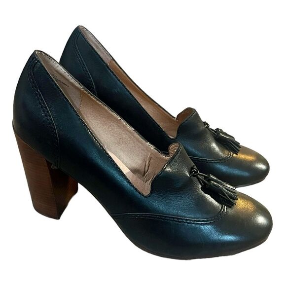 Lands End Stowe High Heel Tassle Shoes Black Leather Pumps Block Heel Womens 9.5 - Picture 2 of 9